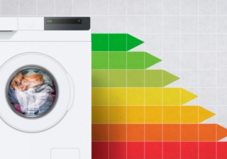 washing machine in front of colourful energy rating bars