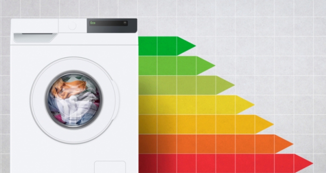 washing machine in front of colourful energy rating bars